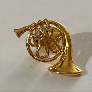 Gold French Horn Brooch with Rhinestones